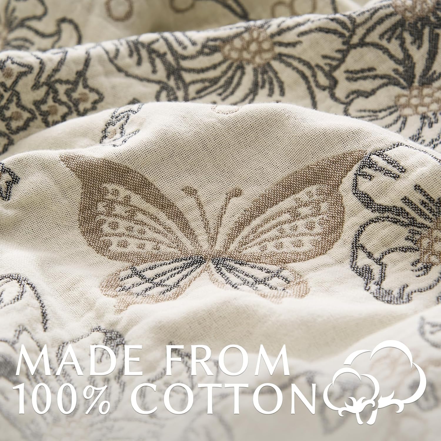 jinchan Boho Floral 100% Cotton Blanket 4-Layer Throw Blanket with Tassel Grey and White Flower