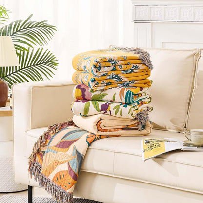 Boho Throw Blanket for Bed, 100% Cotton Soft Rustic Quilt Fall Blanket, 80" 90" Floral Printed
