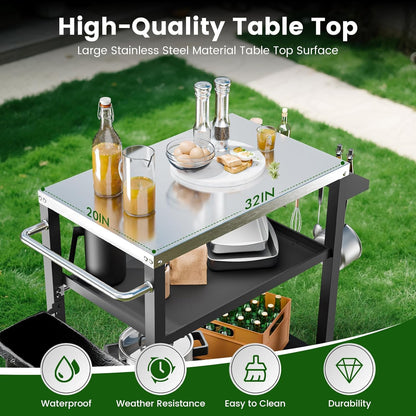 NUUK 3-Shelf Grill Cart with Stainless Steel Top – 20" x 32" Mobile Outdoor Kitchen Table for Pizza