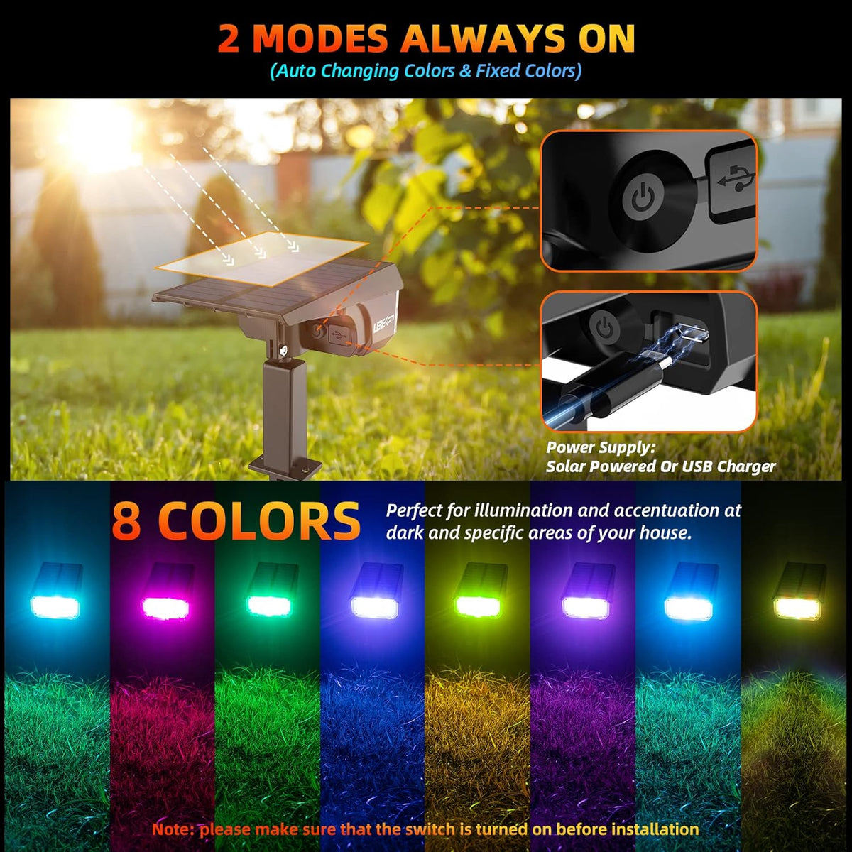 Color Solar Lights Outdoor Waterproof Spotlights with 9 Light Modes, Color Changing Outdoor Light