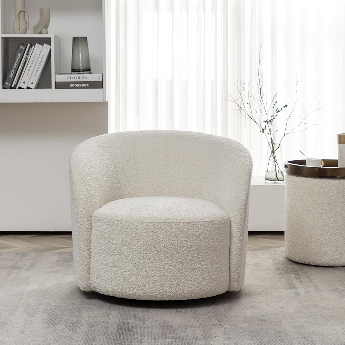 KINWELL 34" W Mid Century Modern Swivel Barrel Chair, Round Upholstered Boucle Swivel Accent
