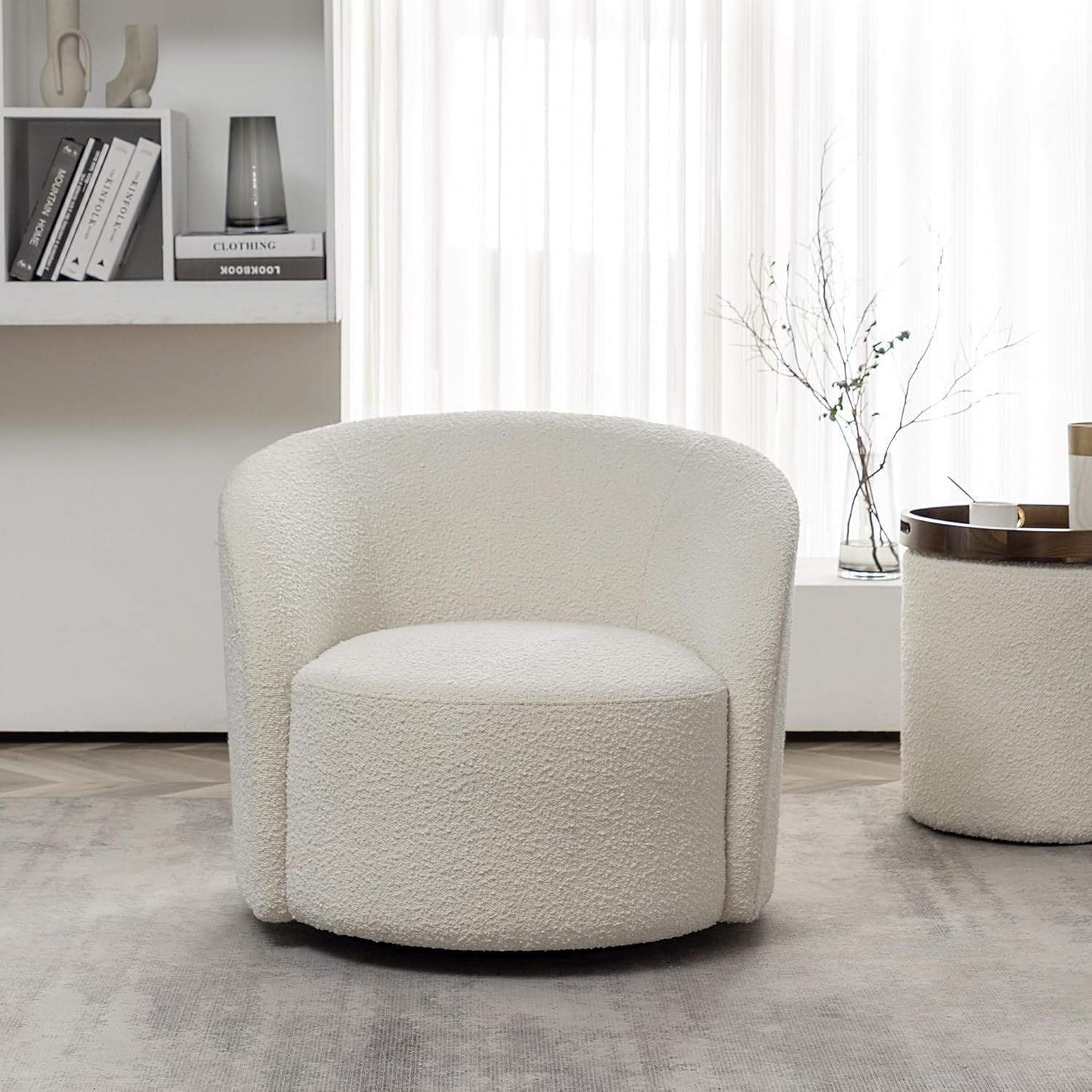 KINWELL 34" W Mid Century Modern Swivel Barrel Chair, Round Upholstered Boucle Swivel Accent