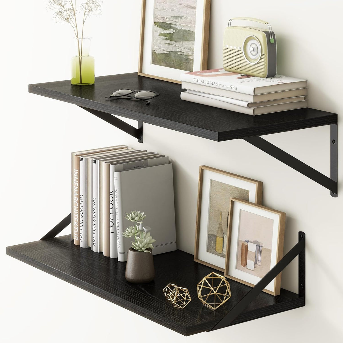 Fun Memories 27.5" W x12 D Floating Shelves, Black Wall Shelf with Brackets, 12 Inch Deep Floating