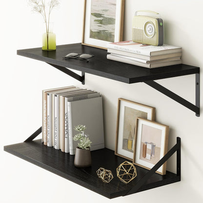 Fun Memories 27.5" W x12 D Floating Shelves, Black Wall Shelf with Brackets, 12 Inch Deep Floating