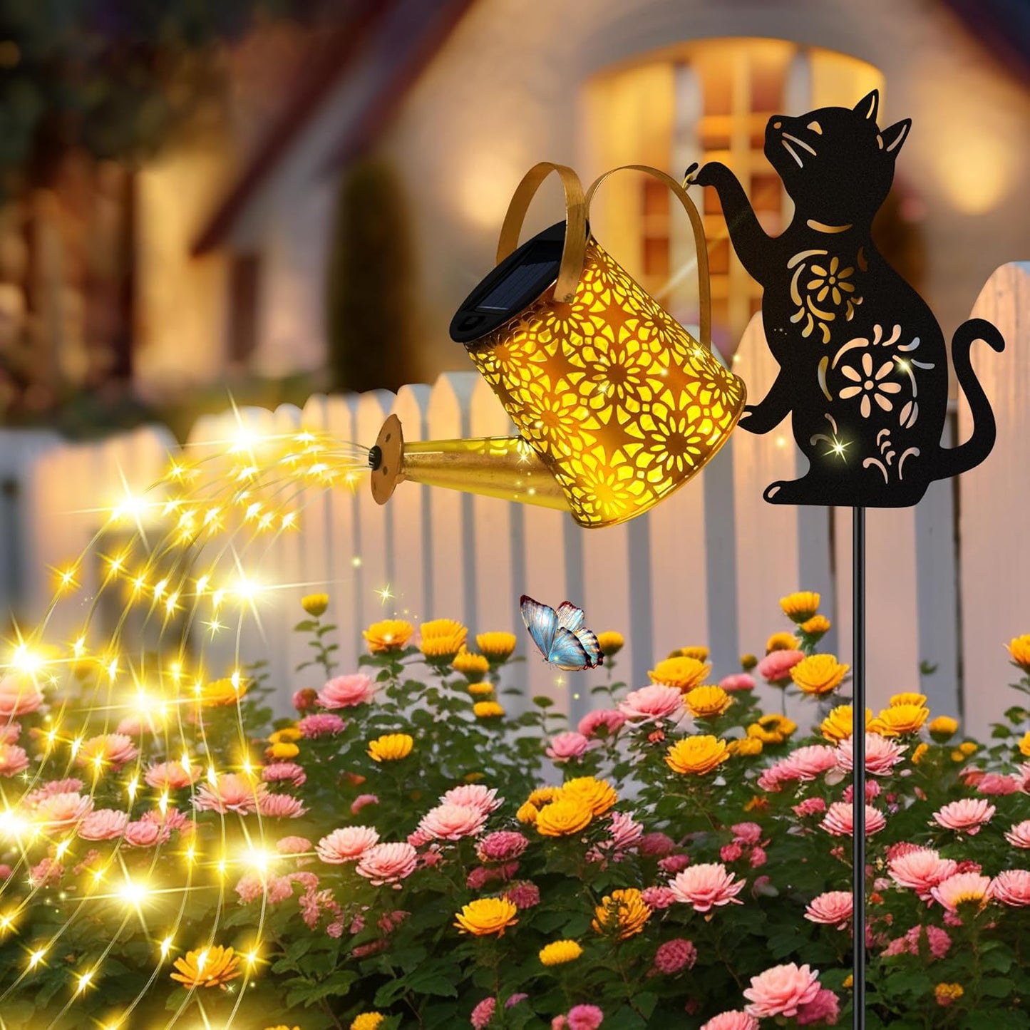 Solar Lights Outdoor Decorative, Watering Can with Cascading Lights, with Cat Silhouette Garden