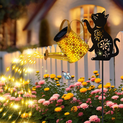 Solar Lights Outdoor Decorative, Watering Can with Cascading Lights, with Cat Silhouette Garden