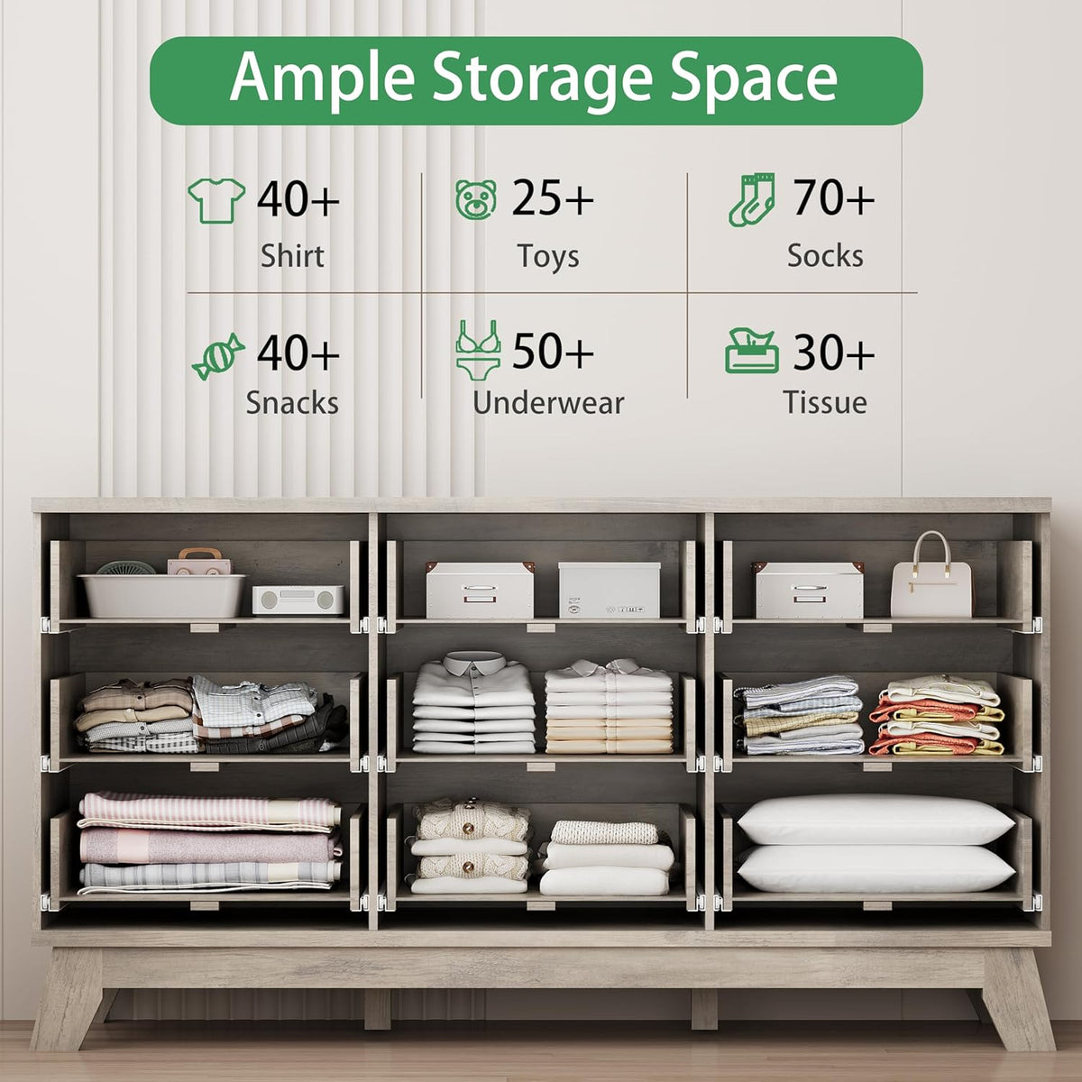 Fluted Dresser for Bedroom with 9 Drawers, 57" Wide Modern Chest of Drawers with Metal Handle