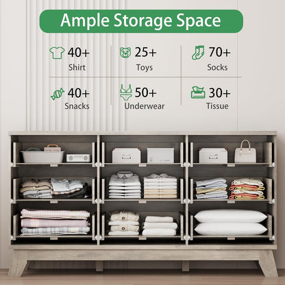 Fluted Dresser for Bedroom with 9 Drawers, 57" Wide Modern Chest of Drawers with Metal Handle