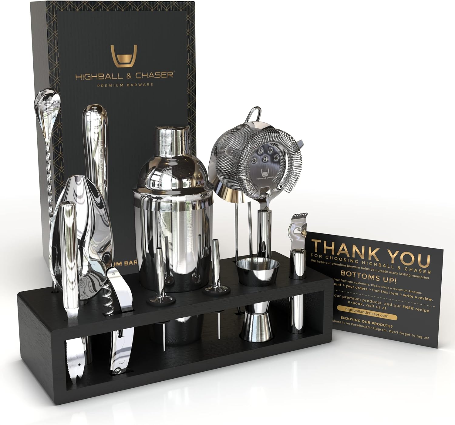 Highball & Chaser 13-Piece Cobbler Cocktail Shaker Set Stainless Steel Mixology Bartender Kit With