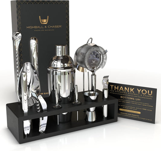 Highball & Chaser 13-Piece Cobbler Cocktail Shaker Set Stainless Steel Mixology Bartender Kit With