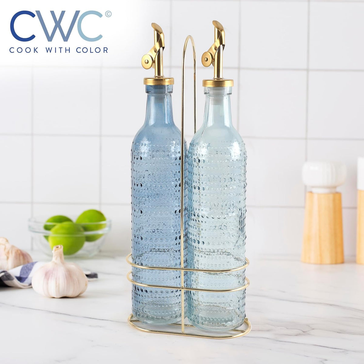 COOK WITH COLOR Glass Olive Oil Bottle Dispenser - 2 Pack- 17oz Oil and Vinegar Cruet - Olive Oil