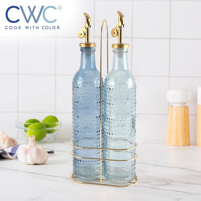COOK WITH COLOR Glass Olive Oil Bottle Dispenser - 2 Pack- 17oz Oil and Vinegar Cruet - Olive Oil