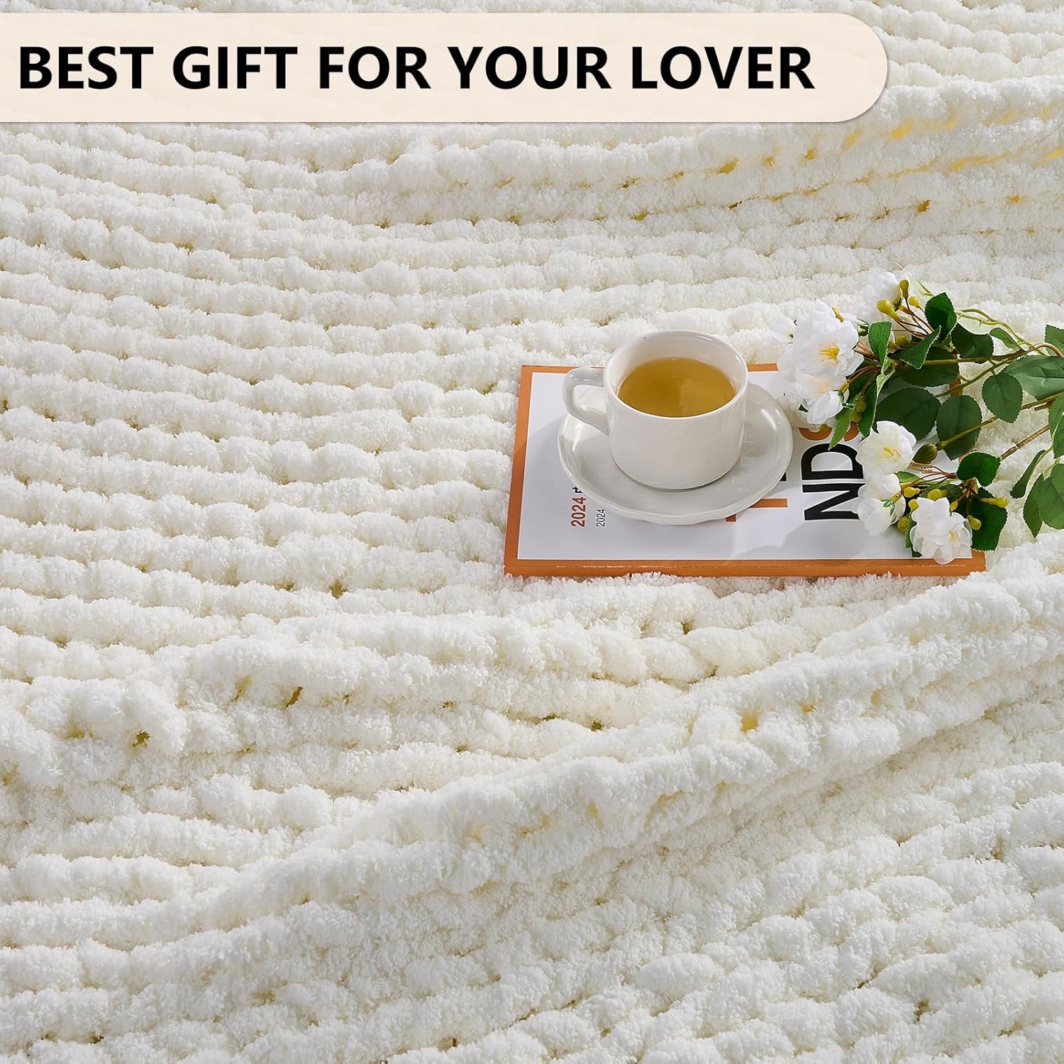 L'AGRATY Chunky Knit Blanket Throw: Soft Chenille Yarn Throw Blanket 50x60 - Handmade Thick Cable