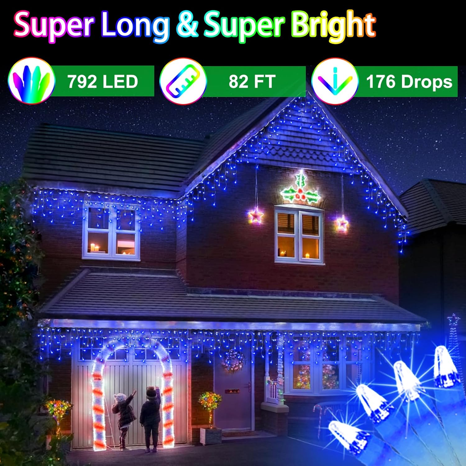 792 LED Christma Lights with 176 Drops, 82ft Outdoor Hanging lights with 8 Modes & Timer Memory