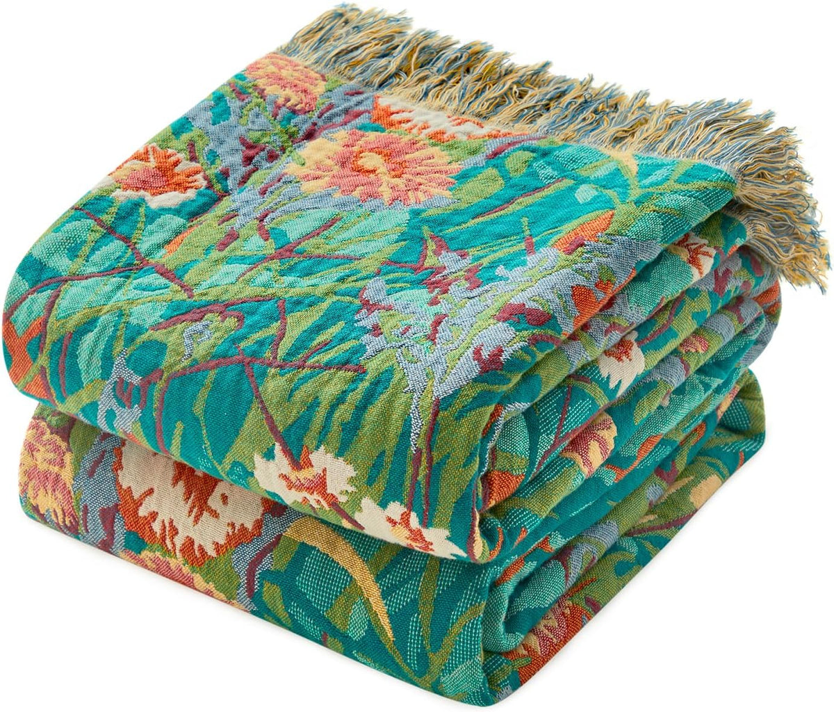 MSGKV Boho Throw Blanket for Bed Twin Size Cotton Muslin Breathable Floral Blanket 60"x80" Sofa