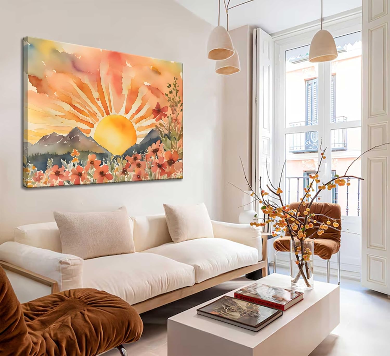 Boho Sun Canvas Wall art Mid-Century Modern Abstract Bohemian Sunset in The Mountains Watercolor