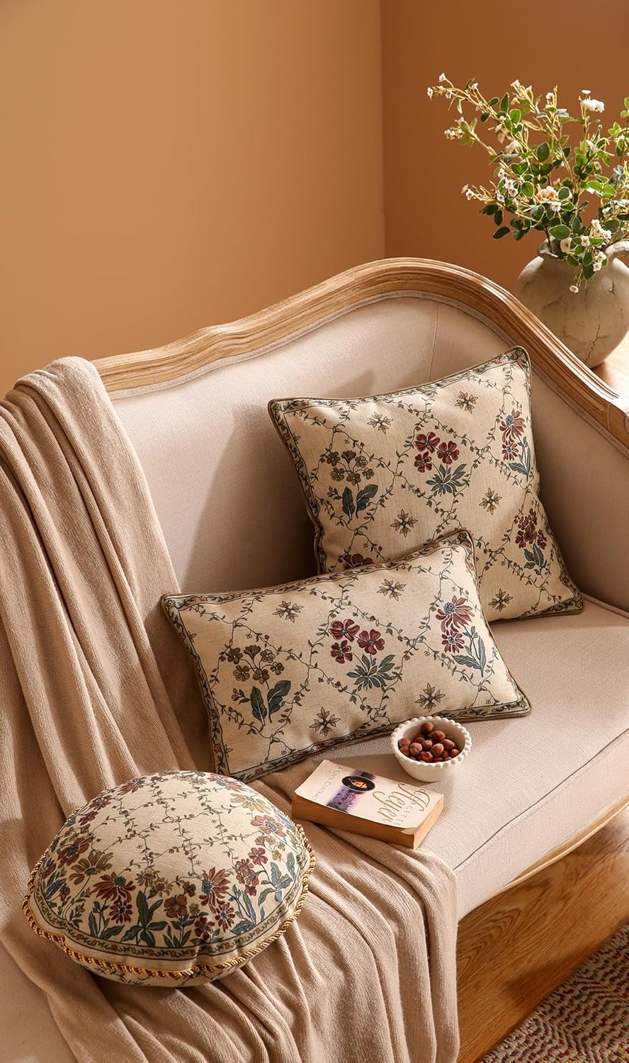 patdrea Designer Throw Pillow Covers Set of 4,Euro Vintage Light Brown Linen with Floral Collection