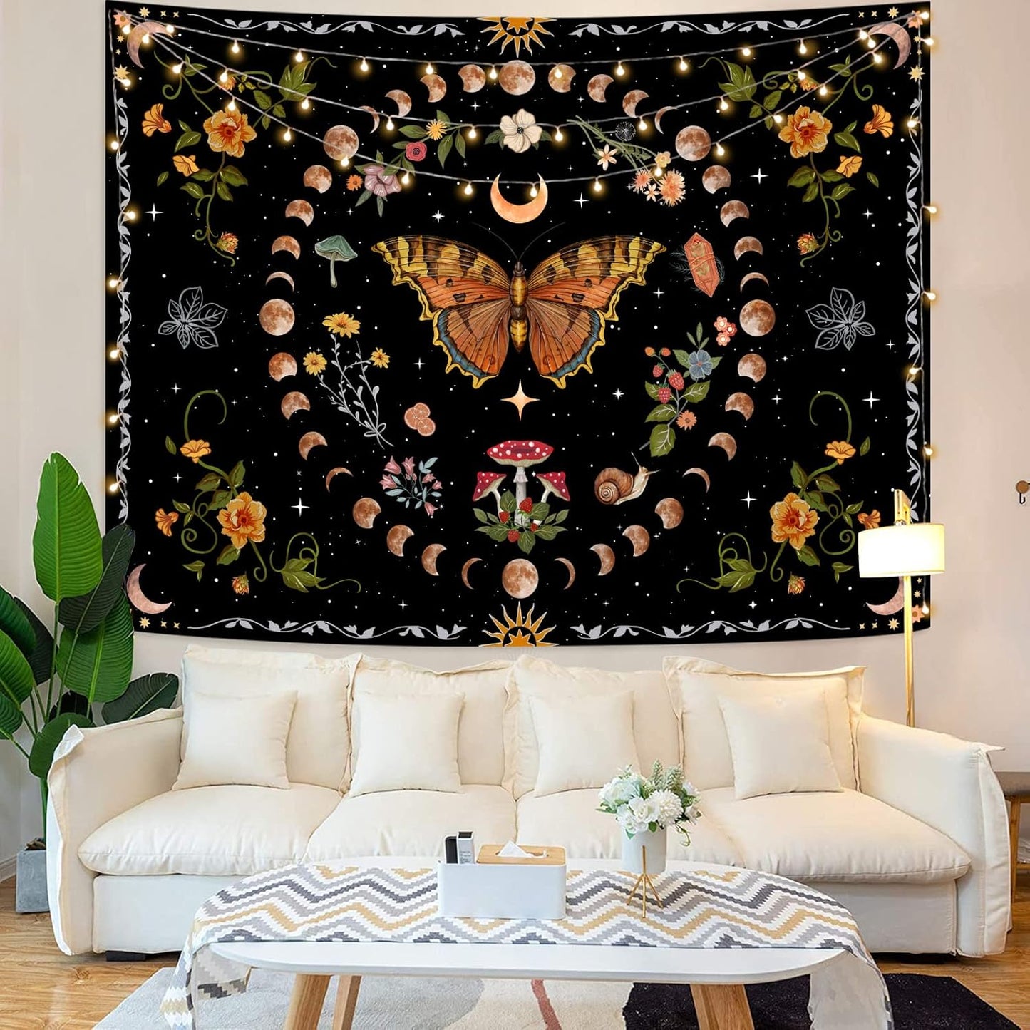 Aipon Orange Butterfly Moon Flower Tapestry Botanical Floral Plant Boho Tapestry for Bedroom
