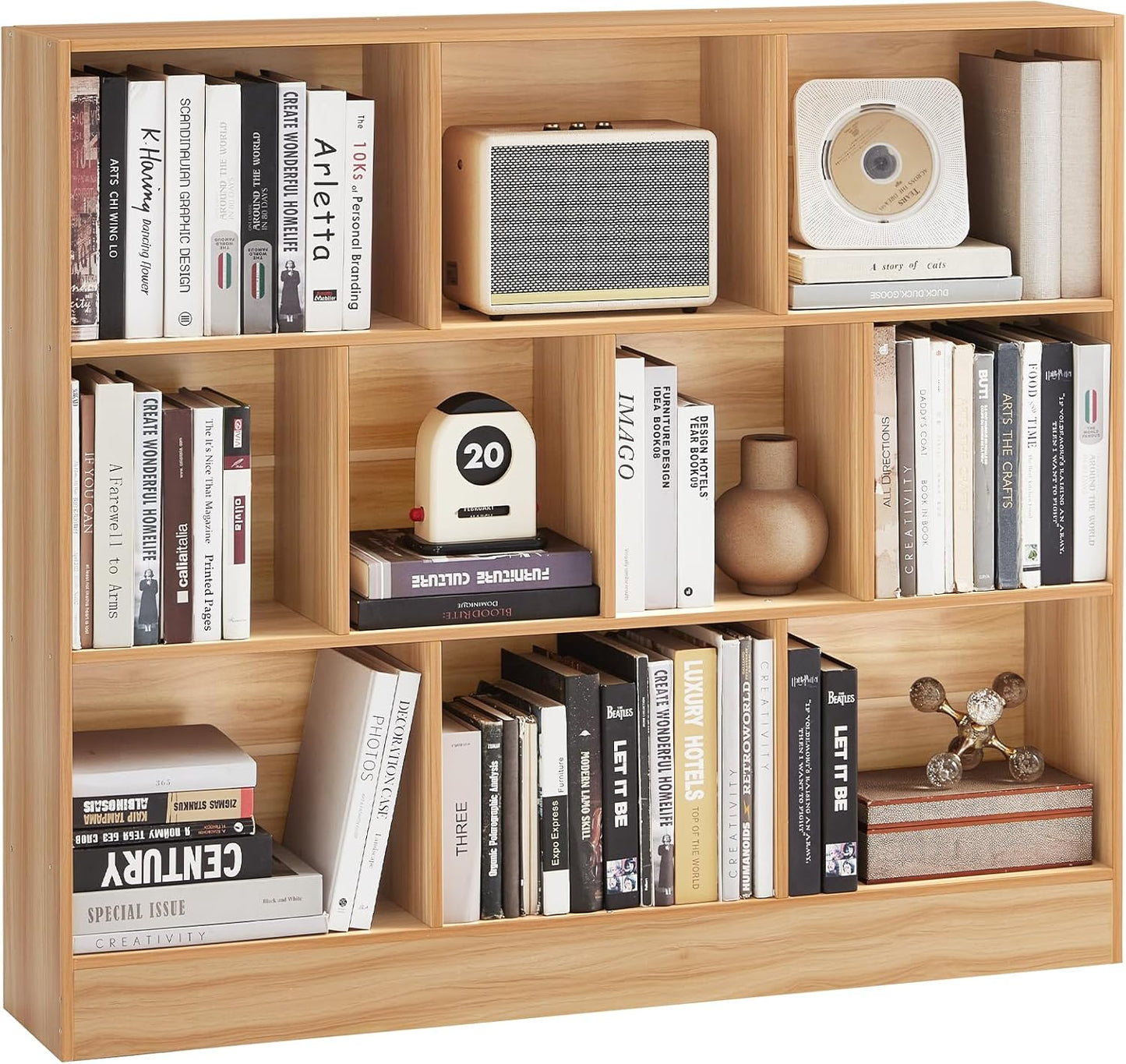LEYAOYAO 10 Cube Bookshelf with Base,3 Tier Mid-Century Modern Grey Bookcase,Standing Wide