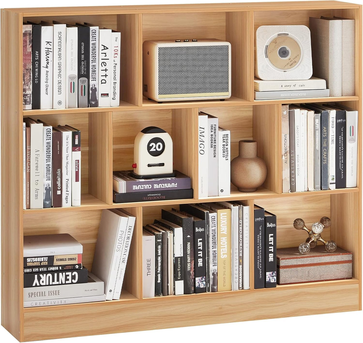 LEYAOYAO 10 Cube Bookshelf with Base,3 Tier Mid-Century Modern Grey Bookcase,Standing Wide