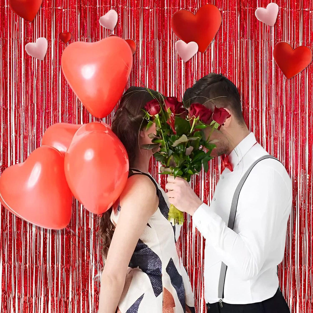 BRAVESHINE Red Tinsel Foil Fringe Curtains - 2Pcs 3.2x8.2ft Holidays Photo Booth Backdrop for