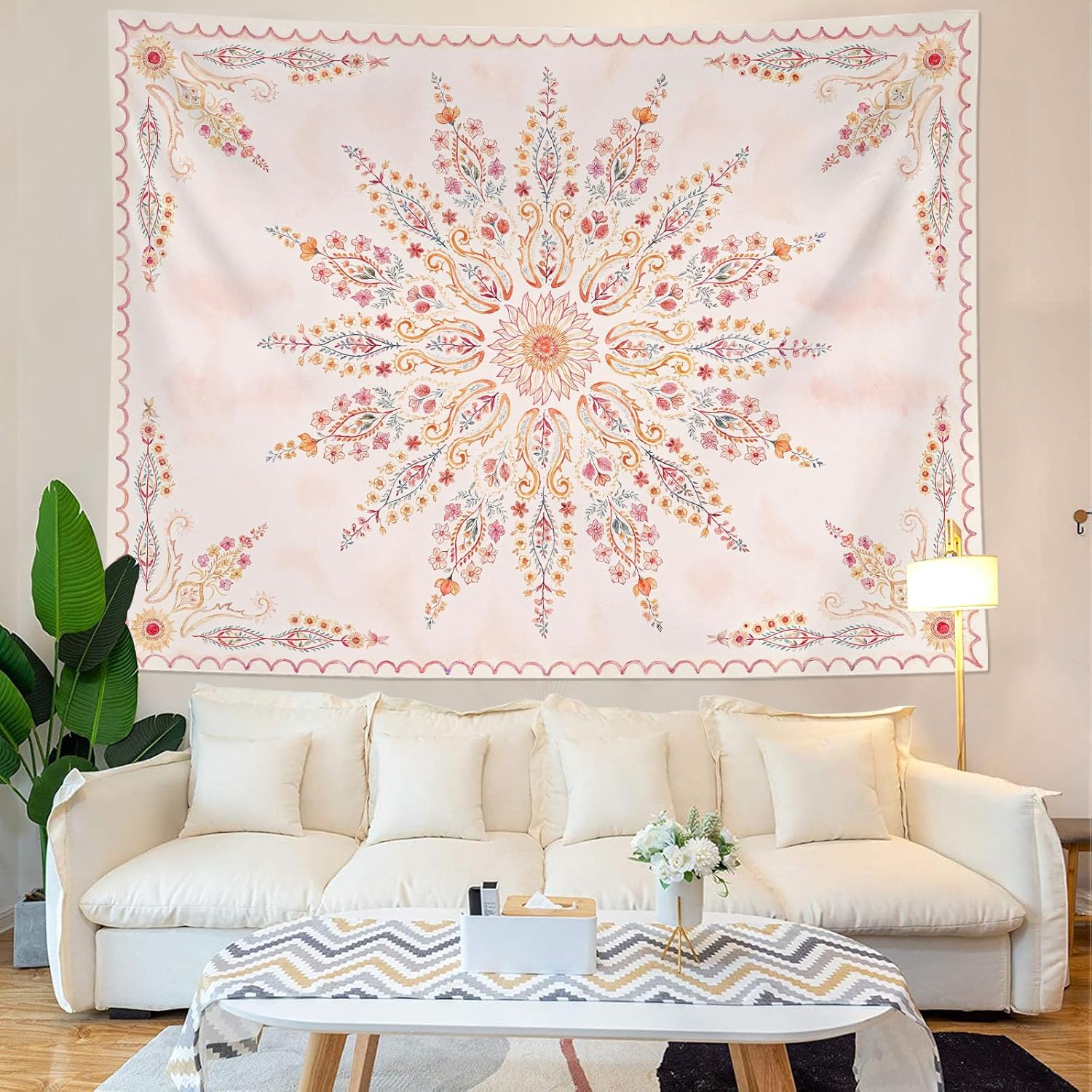 Fowocu Boho Floral Mandala Tapestry for Bedroom Aesthetic Pink Bohemian Flower Wall Tapestry