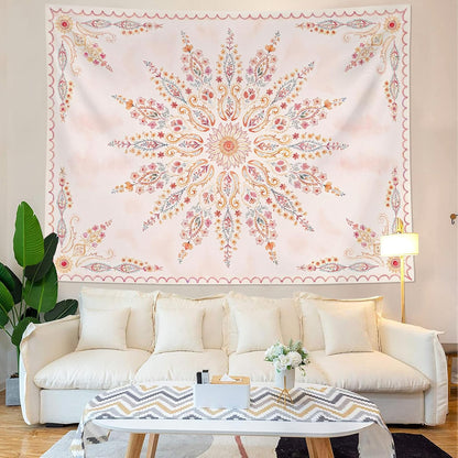 Fowocu Boho Floral Mandala Tapestry for Bedroom Aesthetic Pink Bohemian Flower Wall Tapestry