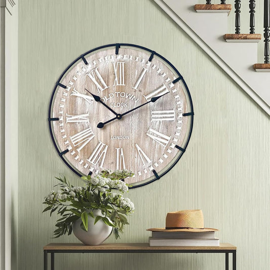 24 Inch Large Farmhouse Wall Clock, Rustic Antique Wood with Metal Circle and Large Engraved