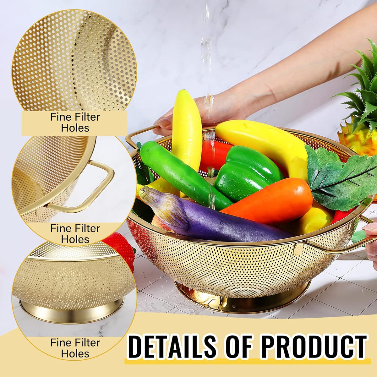 Norme 5 Quart Stainless Steel Gold Colander and 3 Pcs Gold Fine Mesh Strainer, Stainless Steel