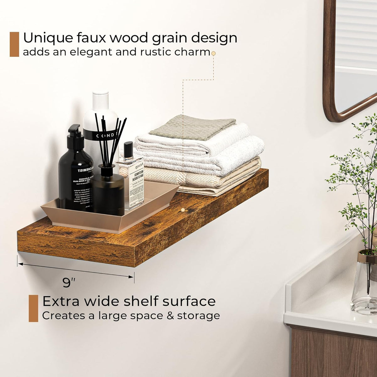 Floating Shelves - 2 Pack 9 Inch Rustic Wooden Wall Shelves - Extra Deeper & Thicker Wall Mounted
