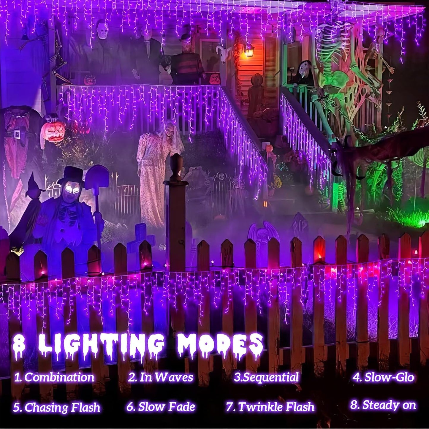 YEGUO 33ft 400 LED Purple Icicle Halloween Lights Outdoor Waterproof, 80 Drops Icicle Light