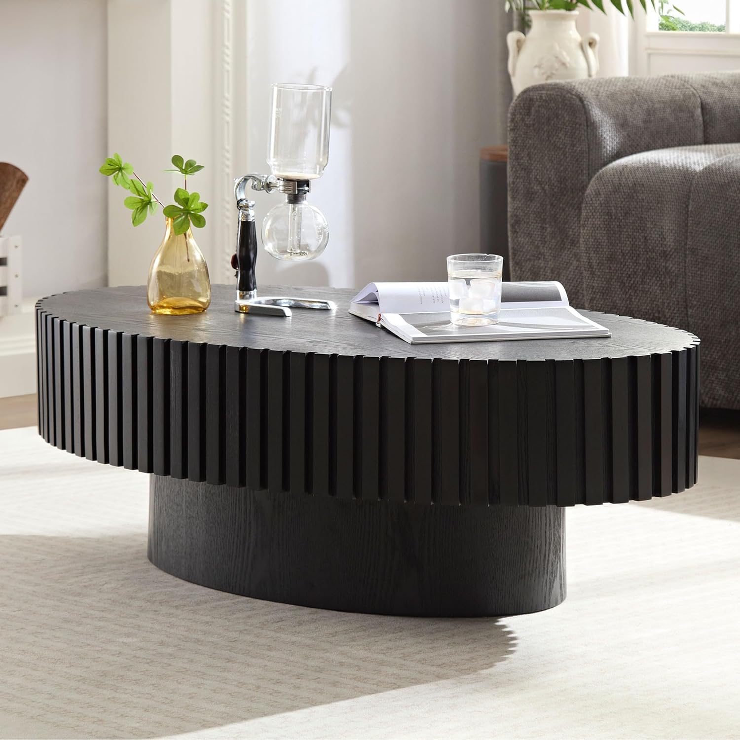 Oval Coffee Table for Living Room, Modern Fluted Coffee Tables with Pedestal Base, Handcrafted