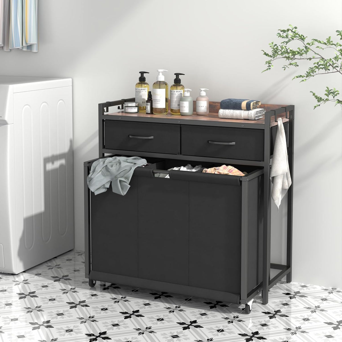 Laundry Hamper Laundry Basket with 3 Section Pull-Out Rolling Bags, Laundry Sorter for Organization