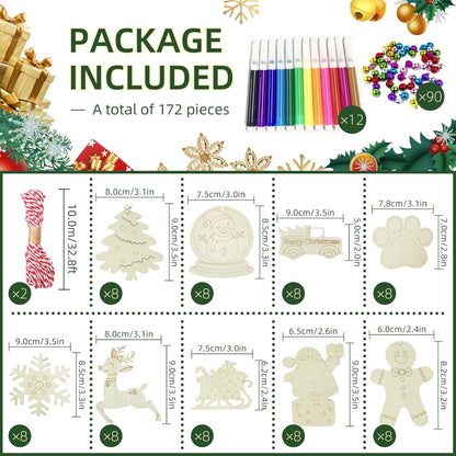 Wooden Christmas Ornaments, 176 PCS Unfinished Predrilled Wood Ornaments Set with 72 Blank Wood