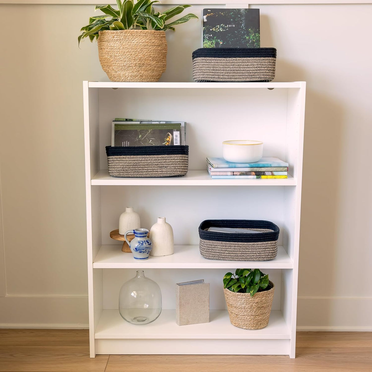 NaturalCozy 11.8"x8"x4.5” Rectangle Storage Baskets for Shelves 3 Pack | Cotton Rope Woven Small