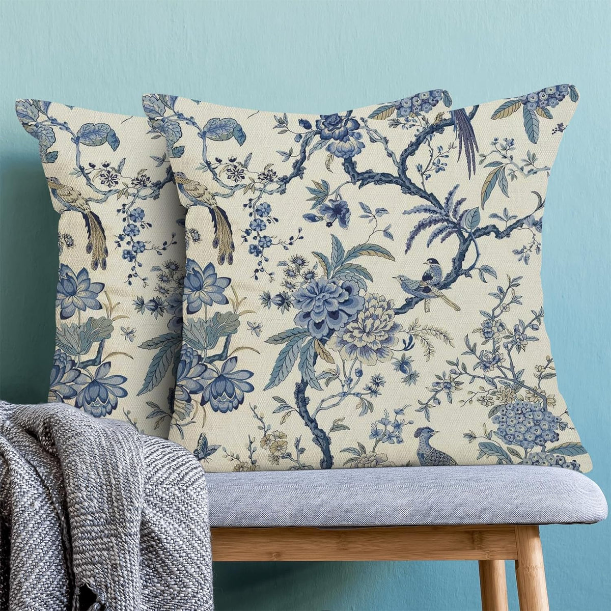 CXMEIFLY Spring Floral Birds Pillow Covers 20 x 20 Inch Set of 2 for Chinoiserie Flowers Decor