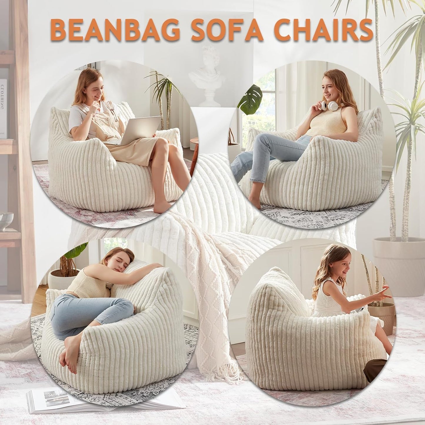 Giant Bean Bag Chairs for Adults with Filling Plush Fluffy Bean Bag Chairs for Teens with Armrests