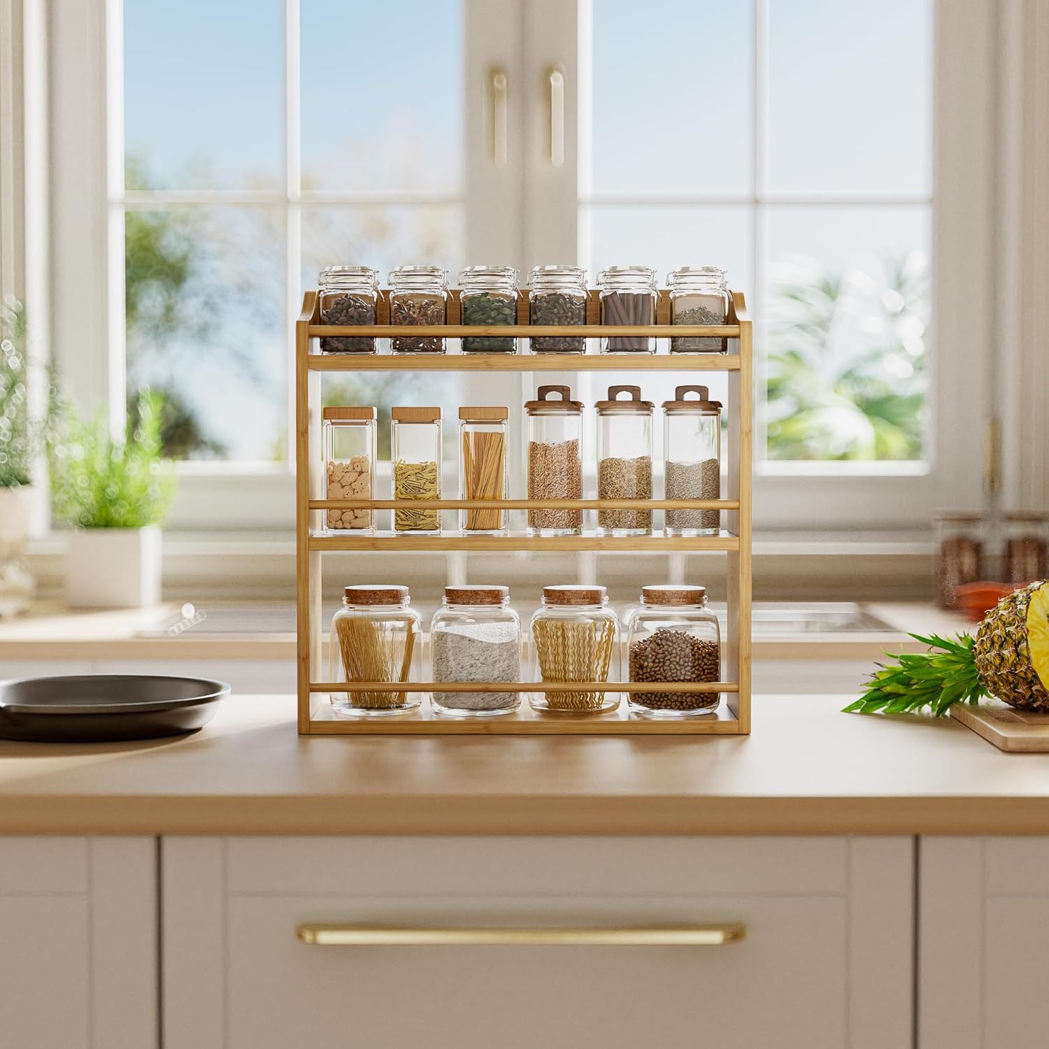 Spice Rack Wall Mounted, Spice Organizer for Counter, Bamboo Spice Storage Holder for Kitchen
