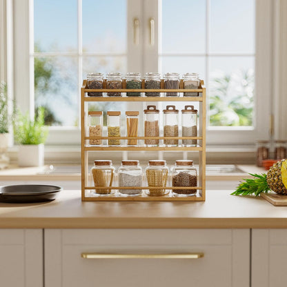Spice Rack Wall Mounted, Spice Organizer for Counter, Bamboo Spice Storage Holder for Kitchen