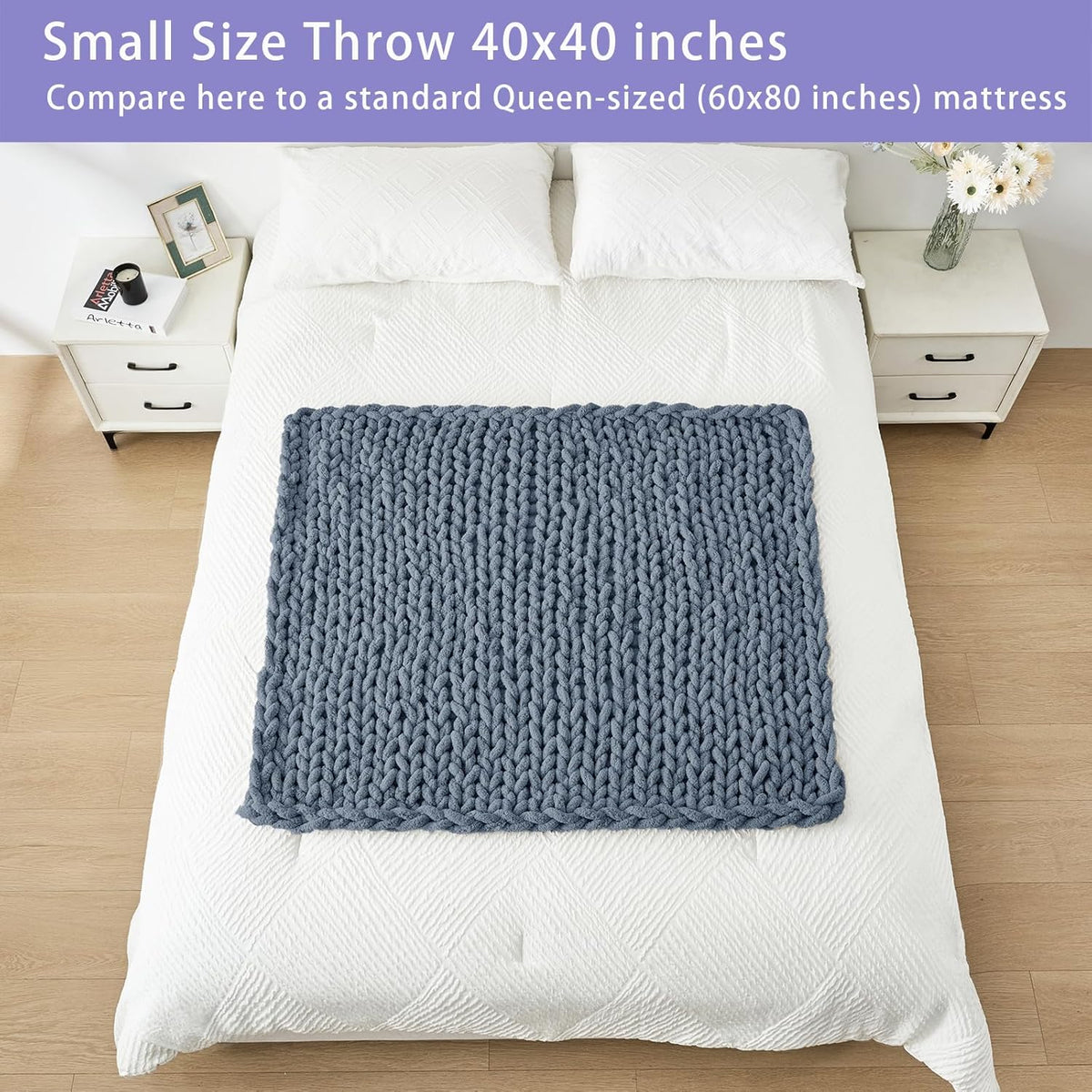 Bigacogo Chunky Knit Throw Blanket for Couch, 40x40 inches, 100% Hand Knitted with Thick Jumbo