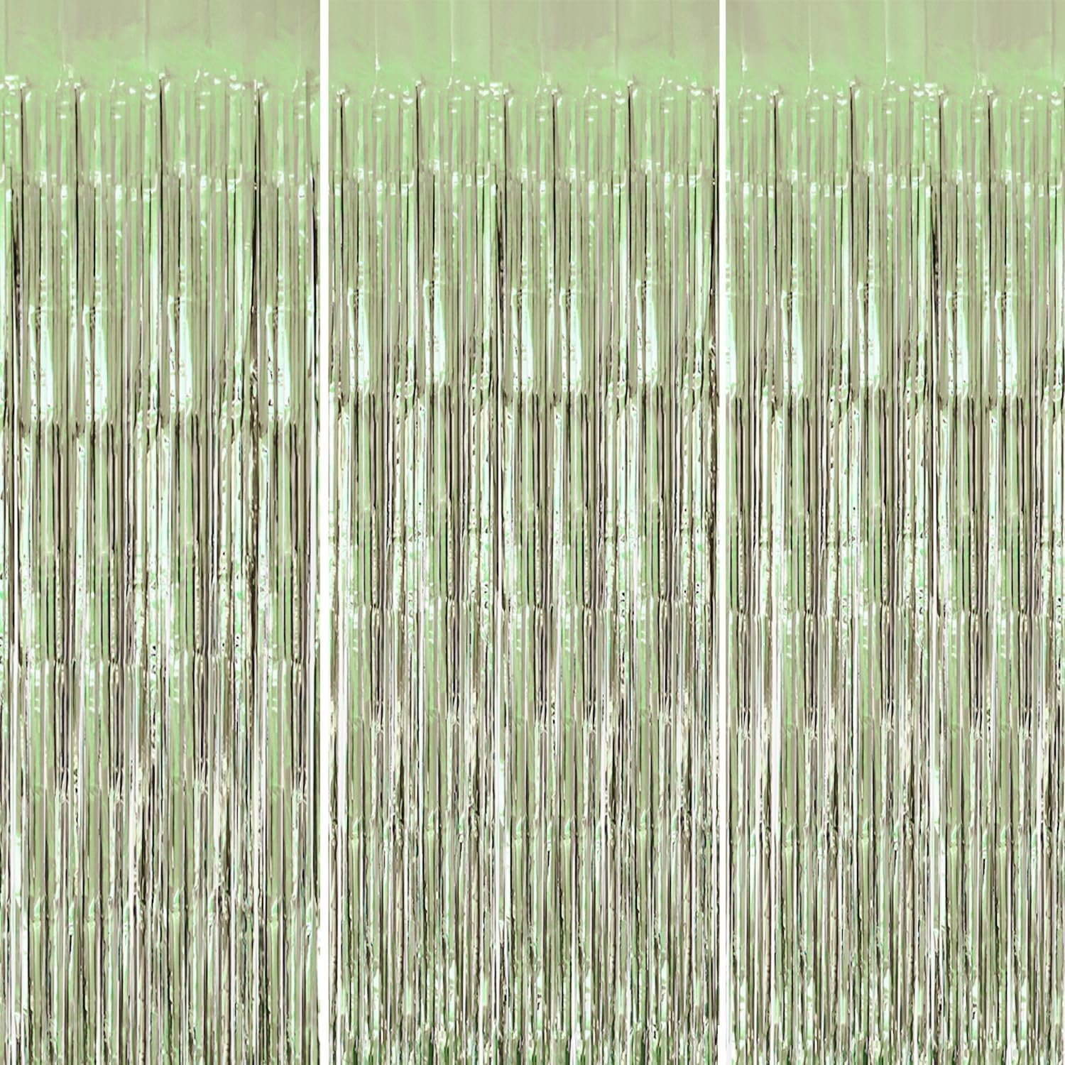 3 Pack Foil Fringe Backdrop - Light Green Shiny Tinsel Curtains for Party Decoration/Photo Booth
