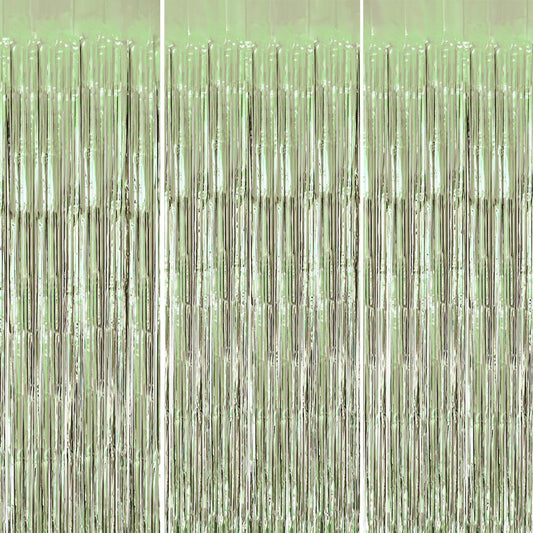 3 Pack Foil Fringe Backdrop - Light Green Shiny Tinsel Curtains for Party Decoration/Photo Booth
