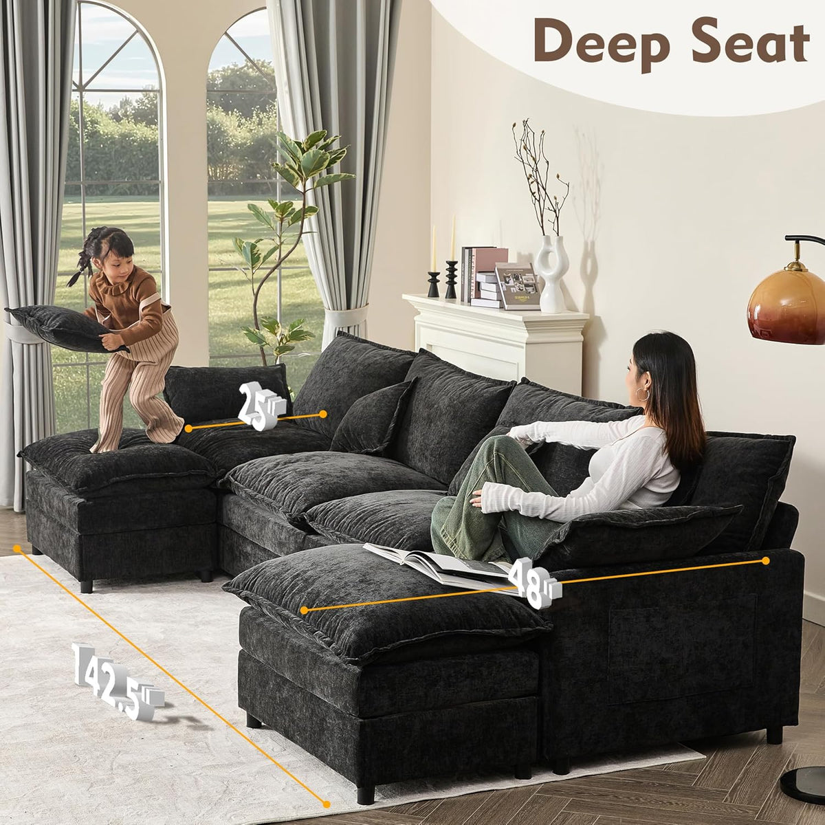 142.5" U Shaped Couch, Modular Sectional Sofa, 3-Seater Comfy Cloud Couch with Movable Ottoman