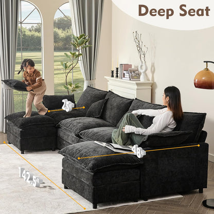142.5" U Shaped Couch, Modular Sectional Sofa, 3-Seater Comfy Cloud Couch with Movable Ottoman