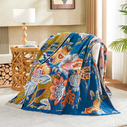 Boho Throw Blanket, Blue Lightweight Blankets for Summer, 100% Cotton Bohemian Decorative Throw