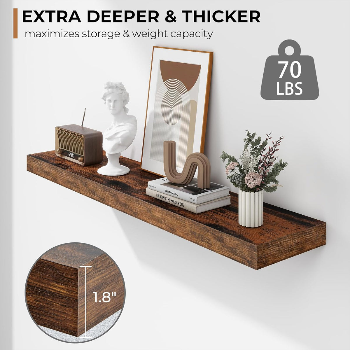 Fun Memories 36 Inch Floating Shelves - Deep Rustic Wooden Wall Shelves - Extra Deeper & Thicker