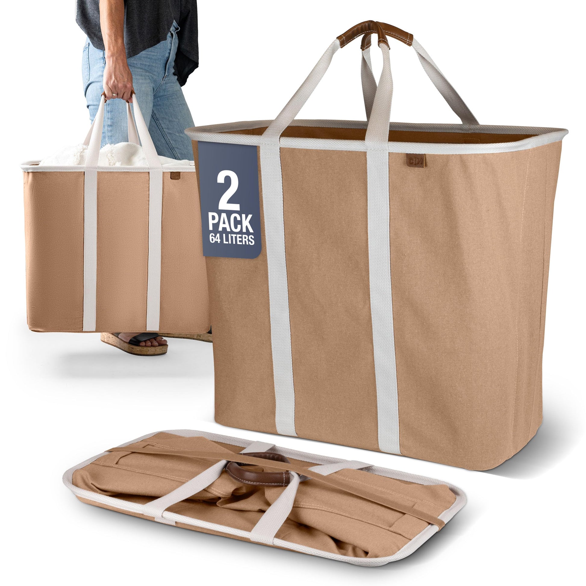 CleverMade Collapsible Laundry Caddy LUXE, 64L Pop-Up Hamper, 2 Pack, Mocha