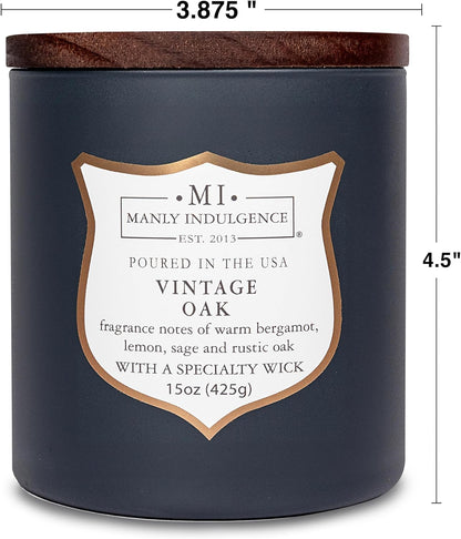 Manly Indulgence Vintage Oak Scented Candles for Men, 15 oz Wooden Wick, Premium Soy Blend Wax, 60H