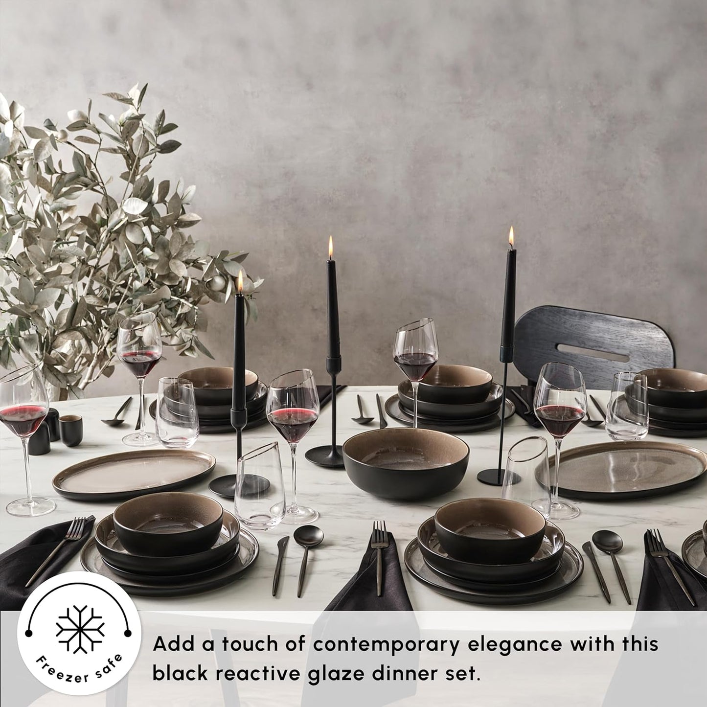 Karaca Mercure 59 Piece Stoneware Plates and Bowls Set, Reactive Glaze Black Dinner Set, Complete