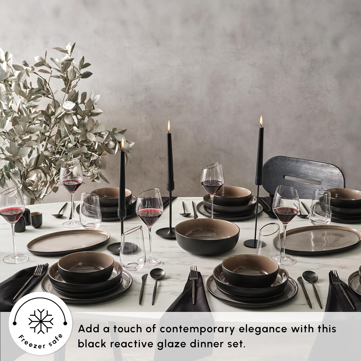 Karaca Mercure 59 Piece Stoneware Plates and Bowls Set, Reactive Glaze Black Dinner Set, Complete